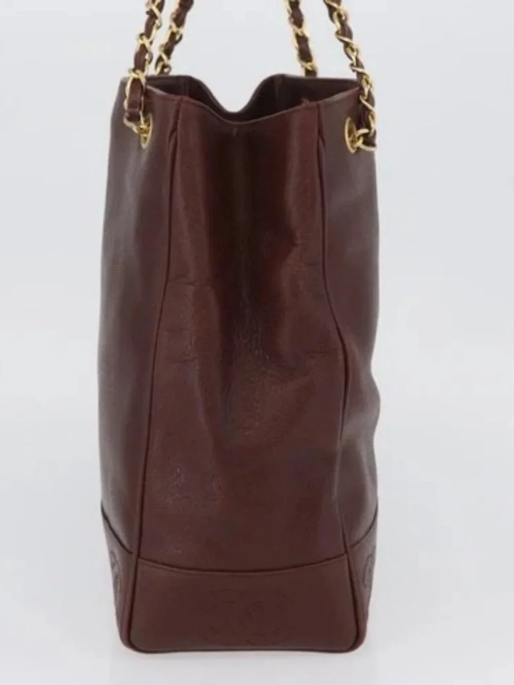 CHANEL Shoulder Bag Grained Calf Skin Brown Gold CC Auth bs33895